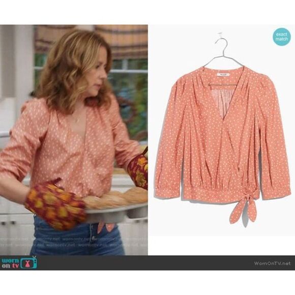 Madewell Star Scatter Wrap Top Peach Blush 100% Cotton 3/4 Sleeve‎ Tie Waist XS - Picture 10 of 10